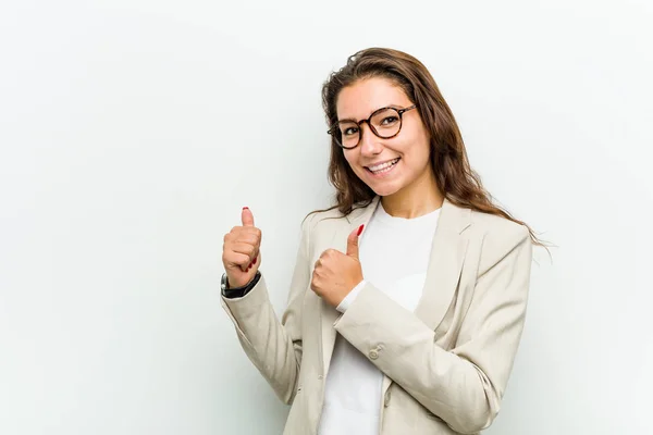 Young European Business Woman Raising Both Thumbs Smiling Confident — 스톡 사진