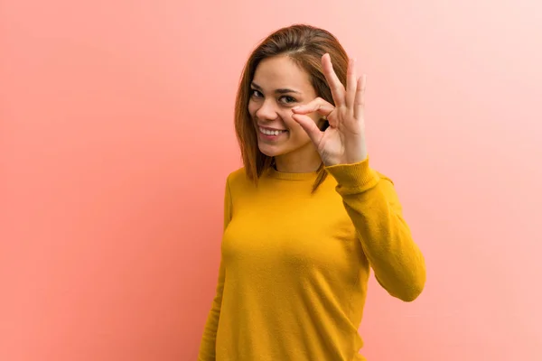 Young Pretty Young Woman Cheerful Confident Showing Gesture — 스톡 사진