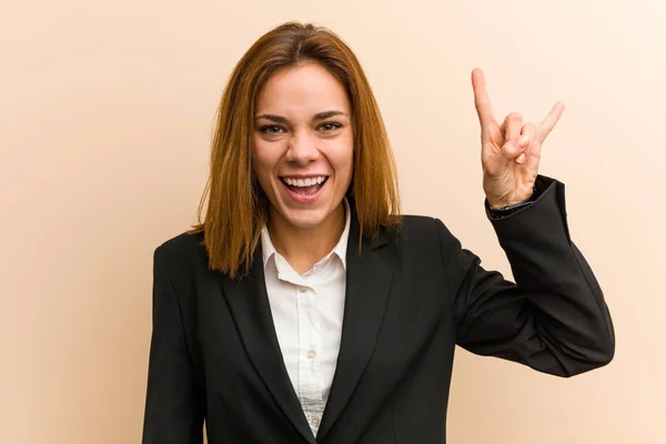 Young Caucasian Business Woman Showing Horns Gesture Revolution Concept — Stock Photo, Image