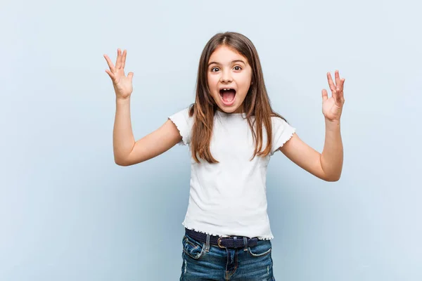Cute Girl Receiving Pleasant Surprise Excited Raising Hands — Stock Photo, Image