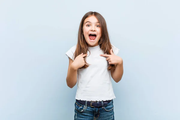 Cute Girl Surprised Pointing Himself Smiling Broadly — Stock Photo, Image