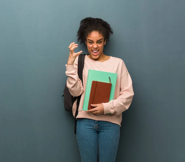 Young Student Black Woman Angry Upset She Holding Books — Stock Photo, Image