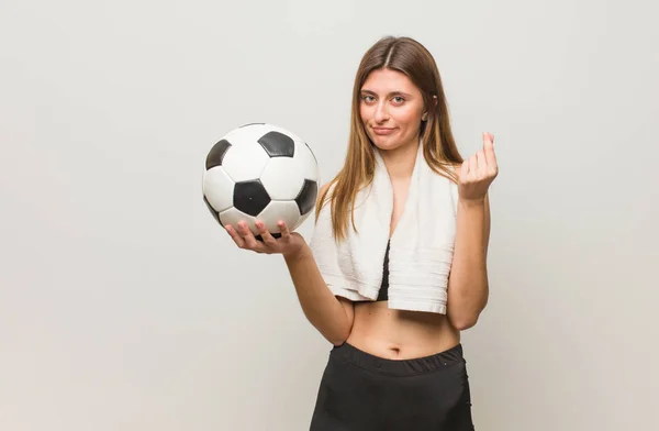 Young Fitness Russian Woman Doing Gesture Need Holding Soccer Ball — Stock Photo, Image