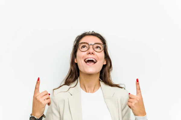 Young European Business Woman Indicates Both Fore Fingers Showing Blank — 스톡 사진