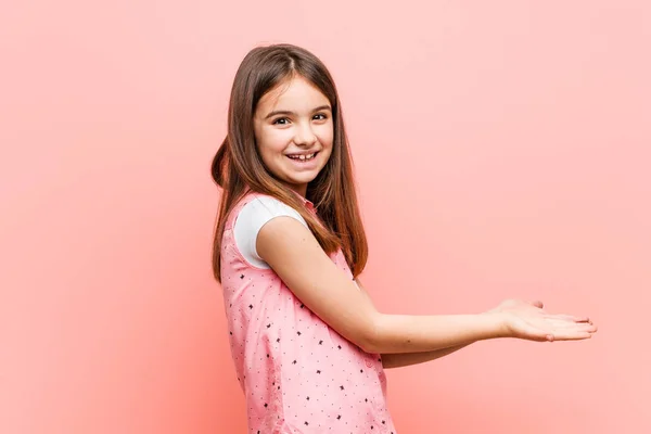 Cute Little Girl Holding Copy Space Palm — Stock Photo, Image