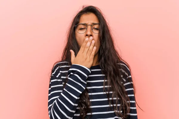 Young Intellectual Indian Woman Yawning Showing Tired Gesture Covering Mouth — Stock Photo, Image