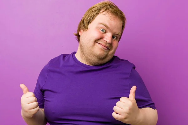 Young Authentic Redhead Fat Man Raising Both Thumbs Smiling Confident — Stock Photo, Image