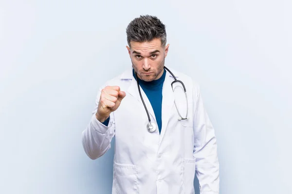 Young Handsome Doctor Man Showing Fist Camera Aggressive Facial Expression — Stock Photo, Image