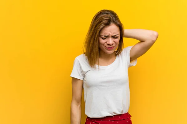 Young Natural Caucasian Woman Suffering Neck Pain Due Sedentary Lifestyle — Stock Photo, Image