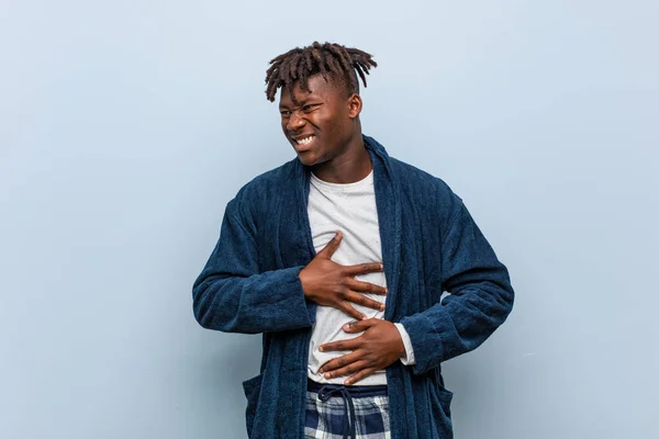 Young African Black Man Wearing Pajama Sick Suffering Stomachache Painful — 스톡 사진