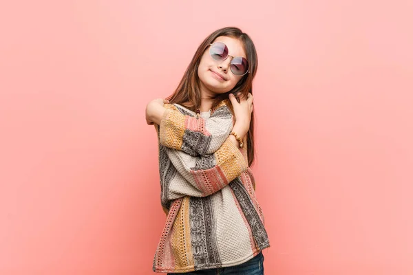 Little Hippie Girl Hugs Himself Smiling Carefree Happy — Stock Photo, Image