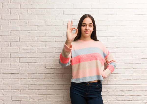 Young Modern Woman Cheerful Confident Doing Gesture — 스톡 사진