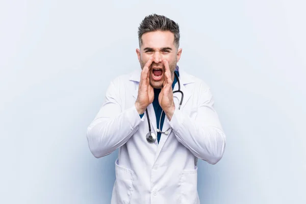 Young Handsome Doctor Man Shouting Excited Front — Stock Photo, Image