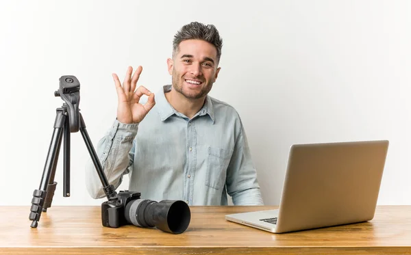 Young Handsome Photography Teacher Cheerful Confident Showing Gesture — 스톡 사진