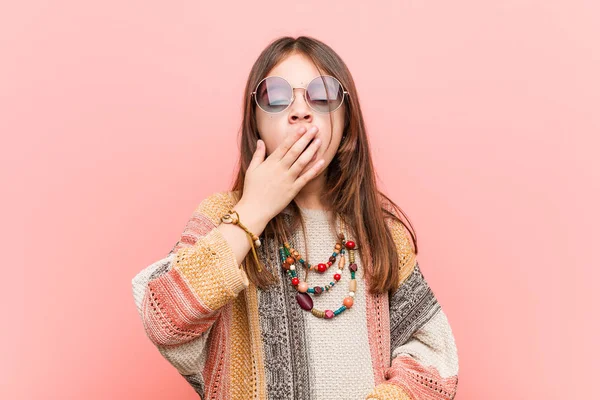 Little Hippie Girl Yawning Showing Tired Gesture Covering Mouth Him — Stock Photo, Image