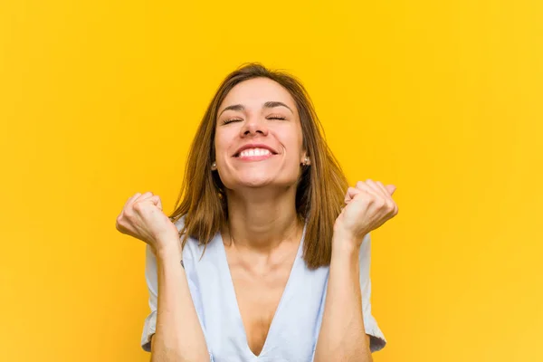 Young Pretty Young Woman Raising Fist Feeling Happy Successful Victory — Stock Photo, Image