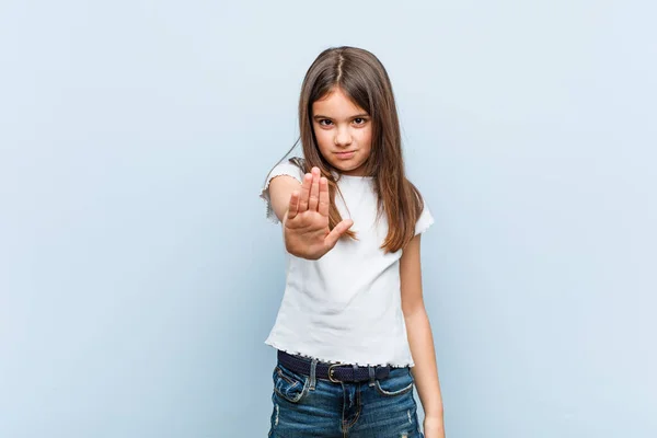 Cute Girl Standing Outstretched Hand Showing Stop Sign Preventing You — Stock Photo, Image