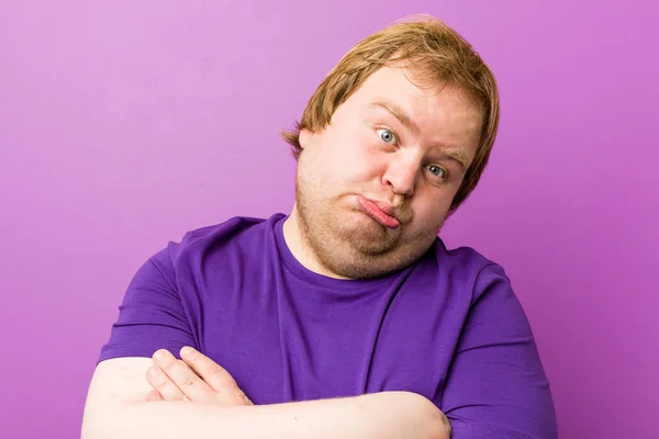 Young Authentic Redhead Fat Man Unhappy Looking Camera Sarcastic Expression — Stock Photo, Image