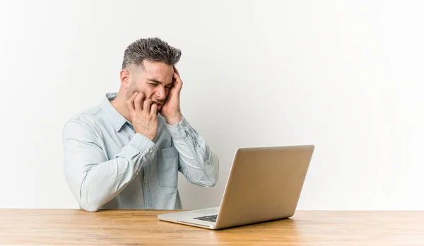 Young Handsome Man Working His Laptop Whining Crying Disconsolately — Stock Photo, Image