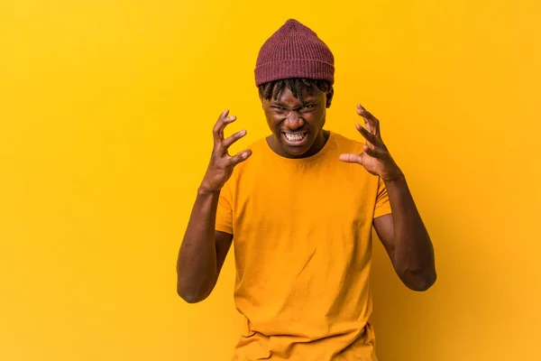 Young Black Man Wearing Rastas Yellow Background Upset Screaming Tense — Stock Photo, Image