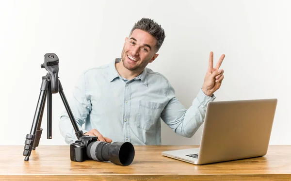 Young Handsome Photography Teacher Joyful Carefree Showing Peace Symbol Fingers — Stock Photo, Image