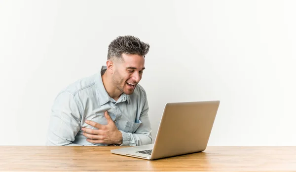 Young Handsome Man Working His Laptop Laughs Happily Has Fun — Stock Photo, Image