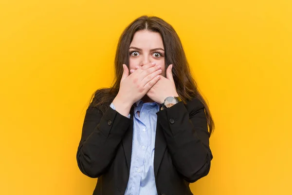 Young Size Caucasian Business Woman Shocked Covering Mouth Hands — Stock Photo, Image