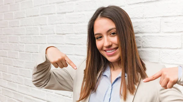 Young Business Woman Pointing Bottom Fingers — Stock Photo, Image