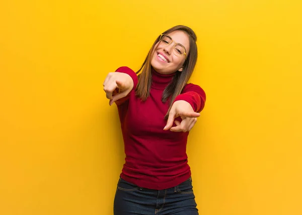 Young Intellectual Woman Cheerful Smiling Pointing Front — 스톡 사진