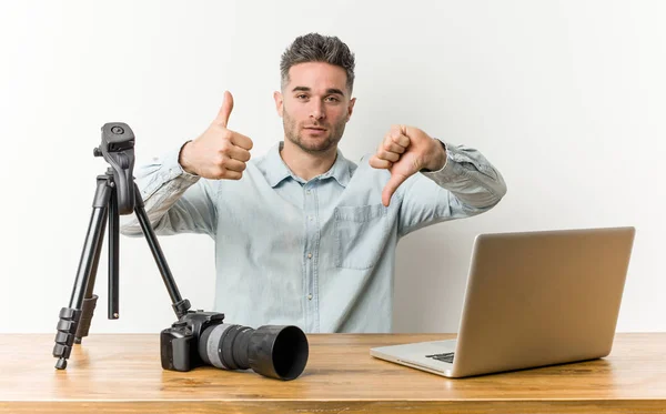 Young Handsome Photography Teacher Showing Thumbs Thumbs Difficult Choose Concept — Stock Photo, Image