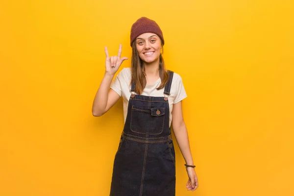 Young Hipster Woman Doing Rock Gesture — 스톡 사진