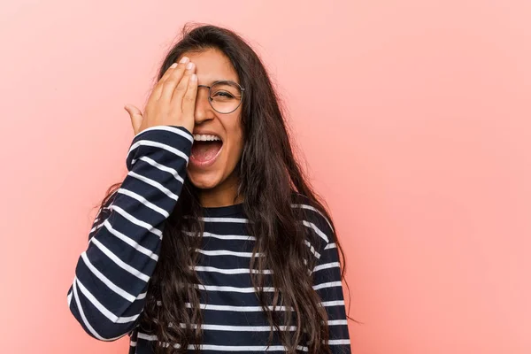 Young Intellectual Indian Woman Having Fun Covering Half Face Palm — Stock Photo, Image