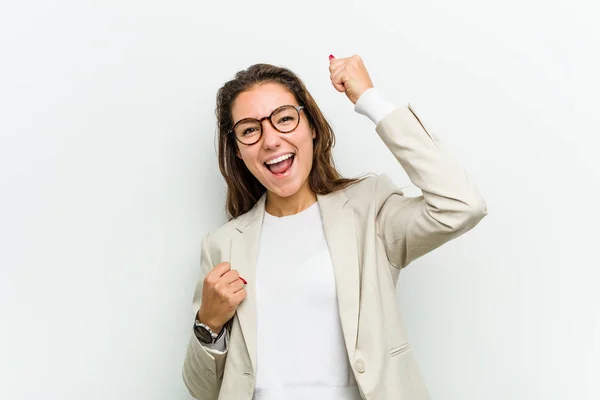 Young European Business Woman Raising Her Fist Victory Winner Concept — 스톡 사진