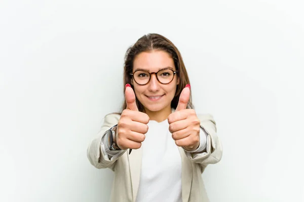 Young European Business Woman Thumbs Ups Cheers Something Support Respect — 스톡 사진