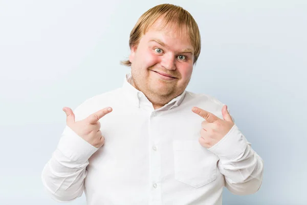 Young Authentic Redhead Fat Man Smiles Pointing Fingers Mouth — Stock Photo, Image