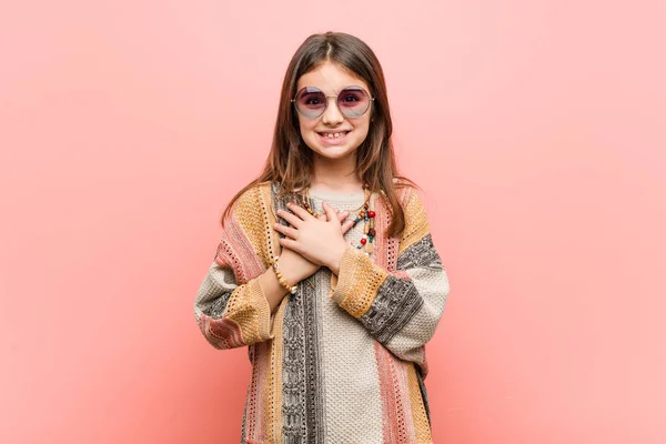 Little Hippie Girl Has Friendly Expression Pressing Palm Chest Love — Stock Photo, Image