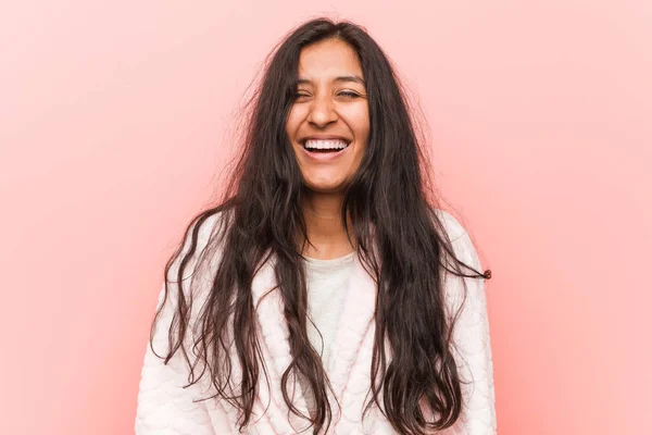 Young Indian Woman Wearing Pajama Laughs Closes Eyes Feels Relaxed — Stock Photo, Image