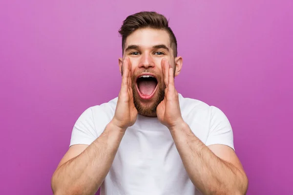 Young Handsome Caucasian Man Shouting Excited Front — Stok fotoğraf