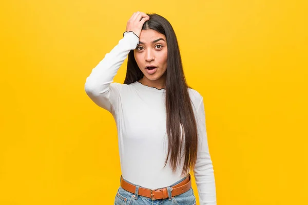 Young Pretty Arab Woman Yellow Background Tired Very Sleepy Keeping — 스톡 사진