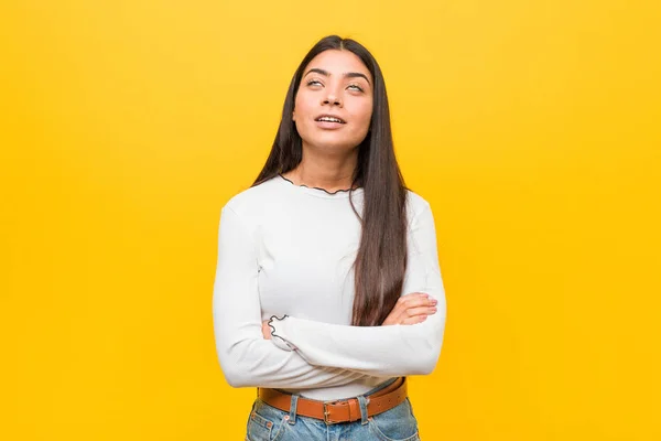 Young Pretty Arab Woman Yellow Background Tired Repetitive Task — 스톡 사진