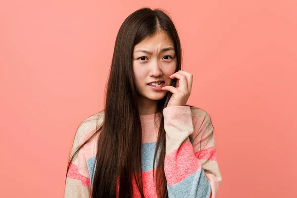 Young Cool Chinese Woman Biting Fingernails Nervous Very Anxious — 스톡 사진