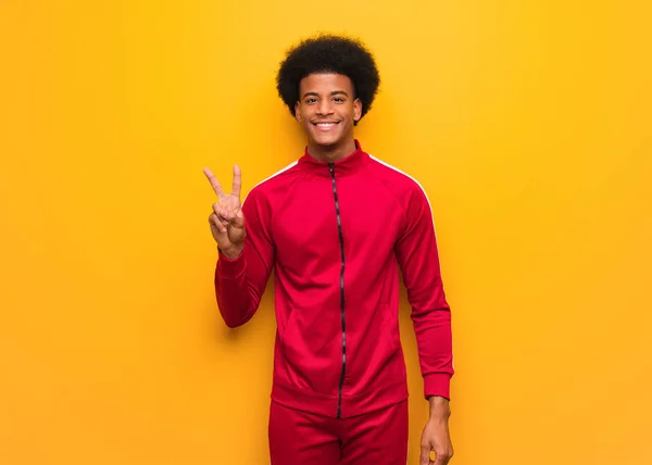 Young Sport Black Man Orange Wall Fun Happy Doing Gesture — 스톡 사진