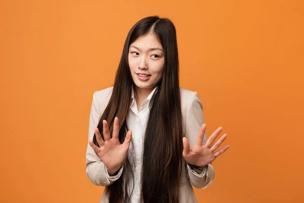 Young Business Chinese Woman Rejecting Someone Showing Gesture Disgust — 스톡 사진