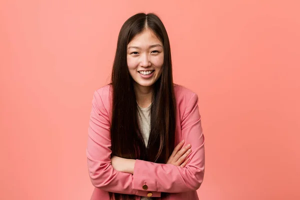 Young Business Chinese Woman Wearing Pink Suit Laughing Having Fun — 스톡 사진
