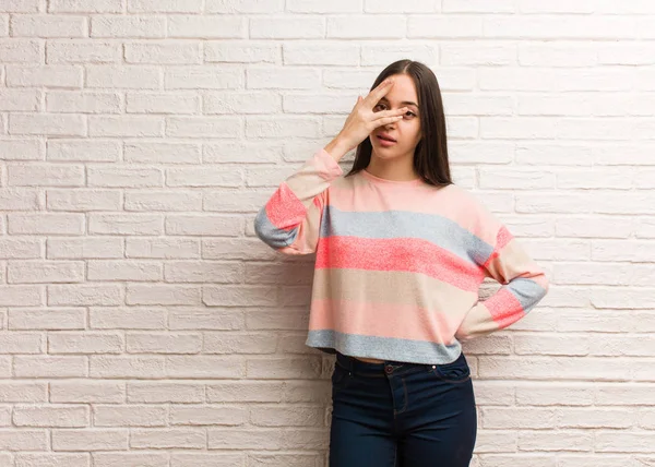 Young Modern Woman Embarrassed Laughing Same Time — Stock Photo, Image