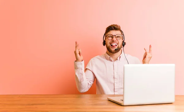 Young Man Working Call Center Showing Rock Gesture Fingers — 스톡 사진