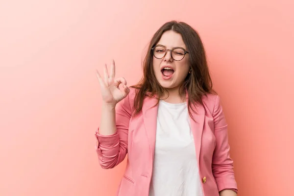 Young Size Business Caucasian Woman Winks Eye Holds Okay Gesture — 스톡 사진