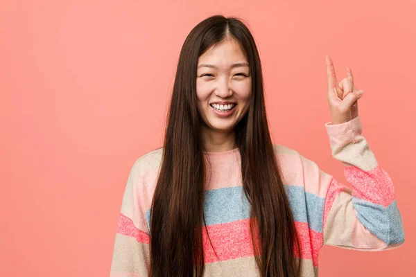 Young Cool Chinese Woman Showing Horns Gesture Revolution Concept — 스톡 사진