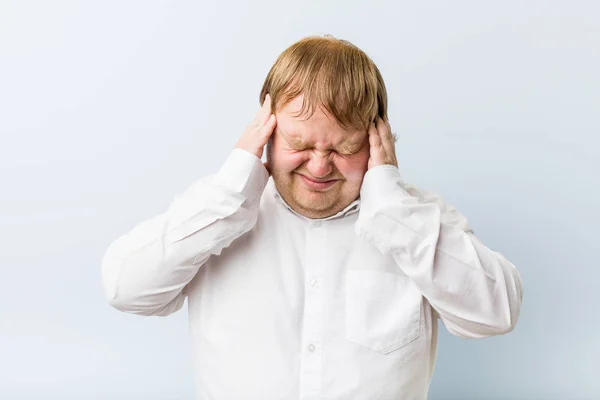 Young Authentic Redhead Fat Man Touching Temples Having Headache — Stock Photo, Image