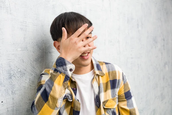 Young Chinese Man Face Closeup Embarrassed Laughing Same Time — Stock Photo, Image